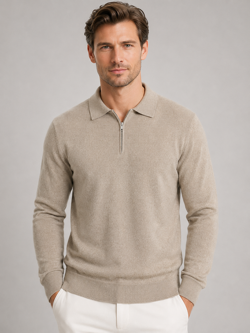 Men's Quarter Zip Polo Jumper – Fine Knit Long Sleeve Sweater
