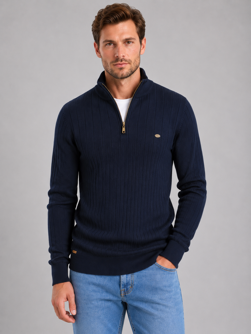 Men's Quarter Zip Ribbed Knit Jumper – Cotton Funnel Neck Sweater