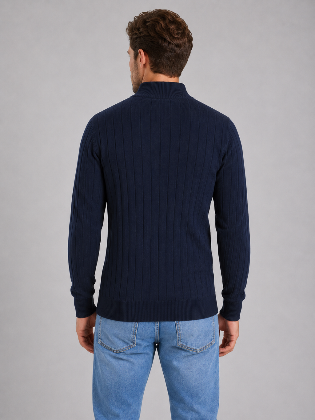 Men's Quarter Zip Ribbed Knit Jumper – Cotton Funnel Neck Sweater
