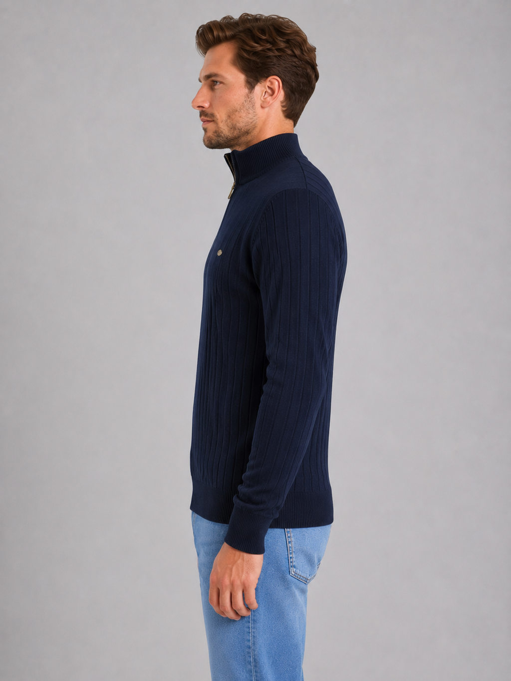 Men's Quarter Zip Ribbed Knit Jumper – Cotton Funnel Neck Sweater