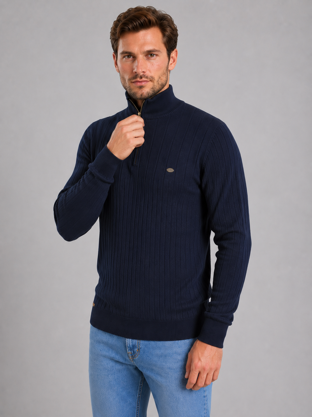 Men's Quarter Zip Ribbed Knit Jumper – Cotton Funnel Neck Sweater