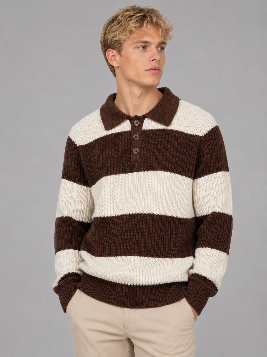 Men's Striped Polo Jumper – Button Neck Ribbed Sweater