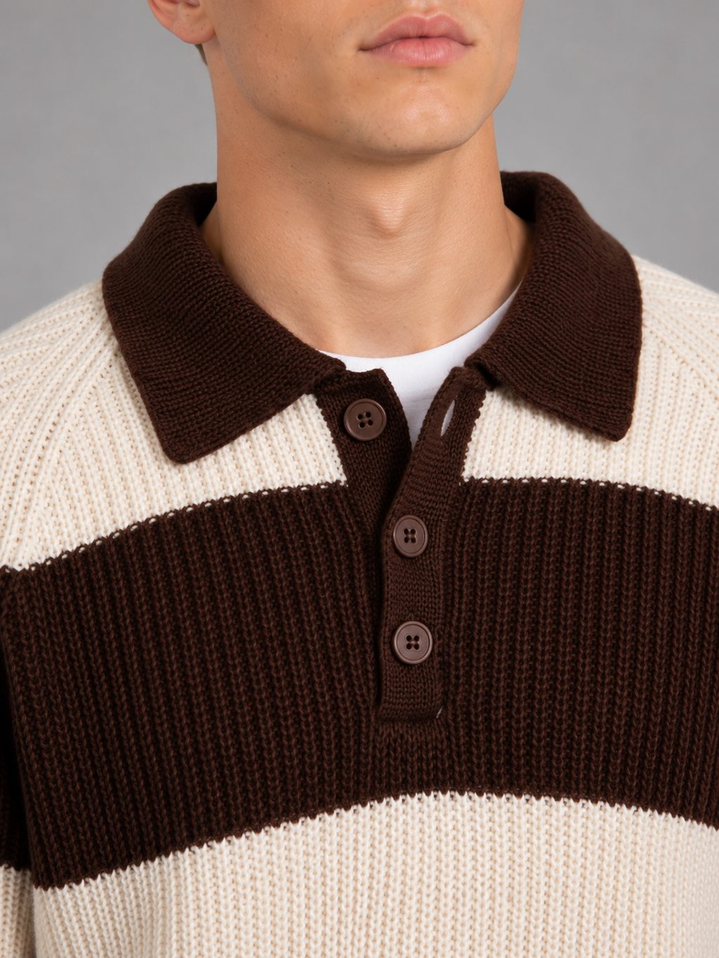 Men's Striped Polo Jumper – Button Neck Ribbed Sweater