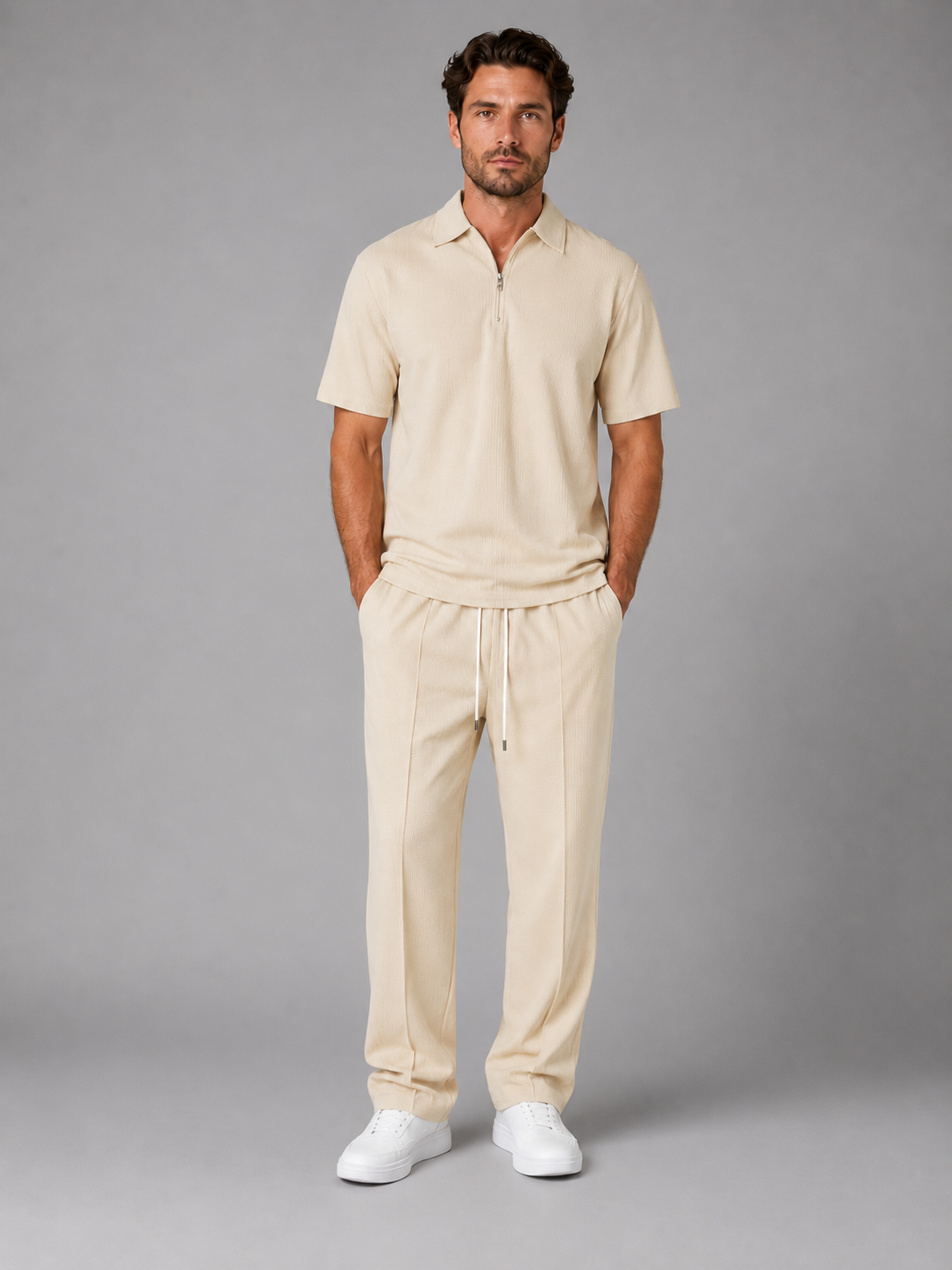 Men’s Waffle Knit Two Piece Set – Zip Neck Polo Shirt & Drawstring Trousers