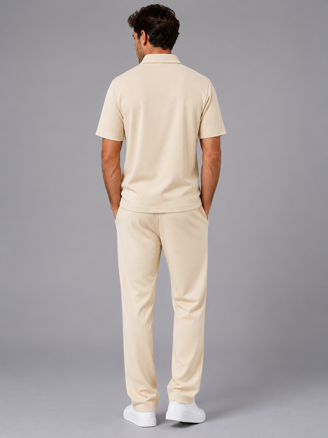Men’s Waffle Knit Two Piece Set – Zip Neck Polo Shirt & Drawstring Trousers