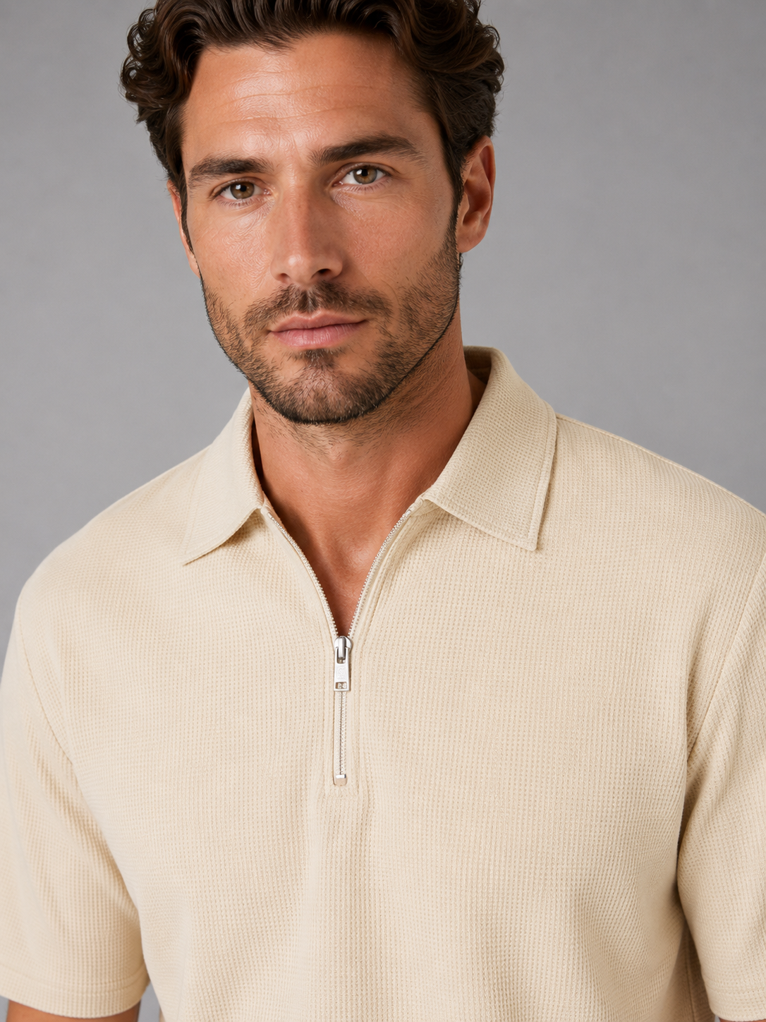 Men’s Waffle Knit Two Piece Set – Zip Neck Polo Shirt & Drawstring Trousers