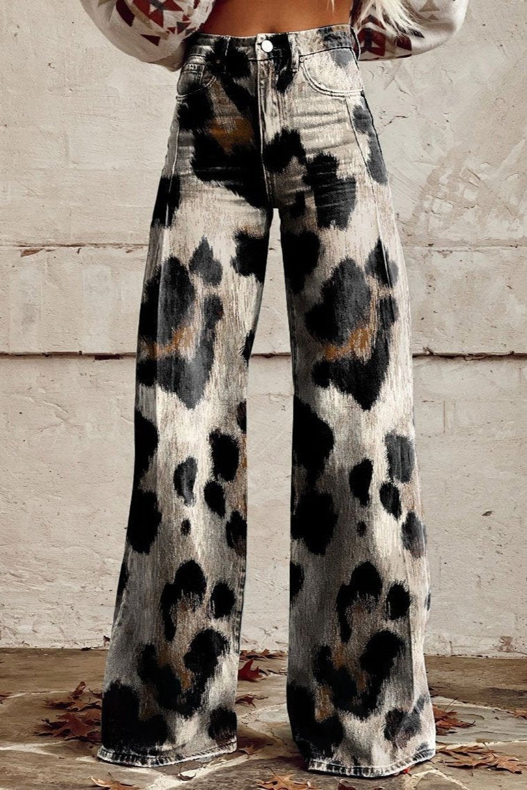 Women's Denim Bohemian Jeans – Flowing Printed Design in Cheetah