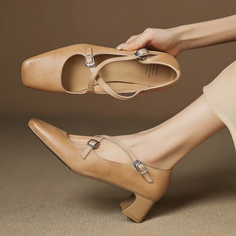 Women's Denim Leather Ballet Flats – Heeled Buckle Finish