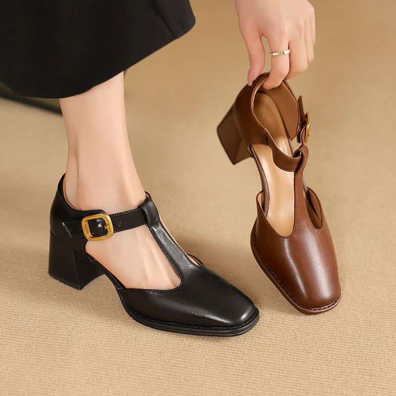 Women's Warm Buckle Court Shoes – Square Toe Leather Finish
