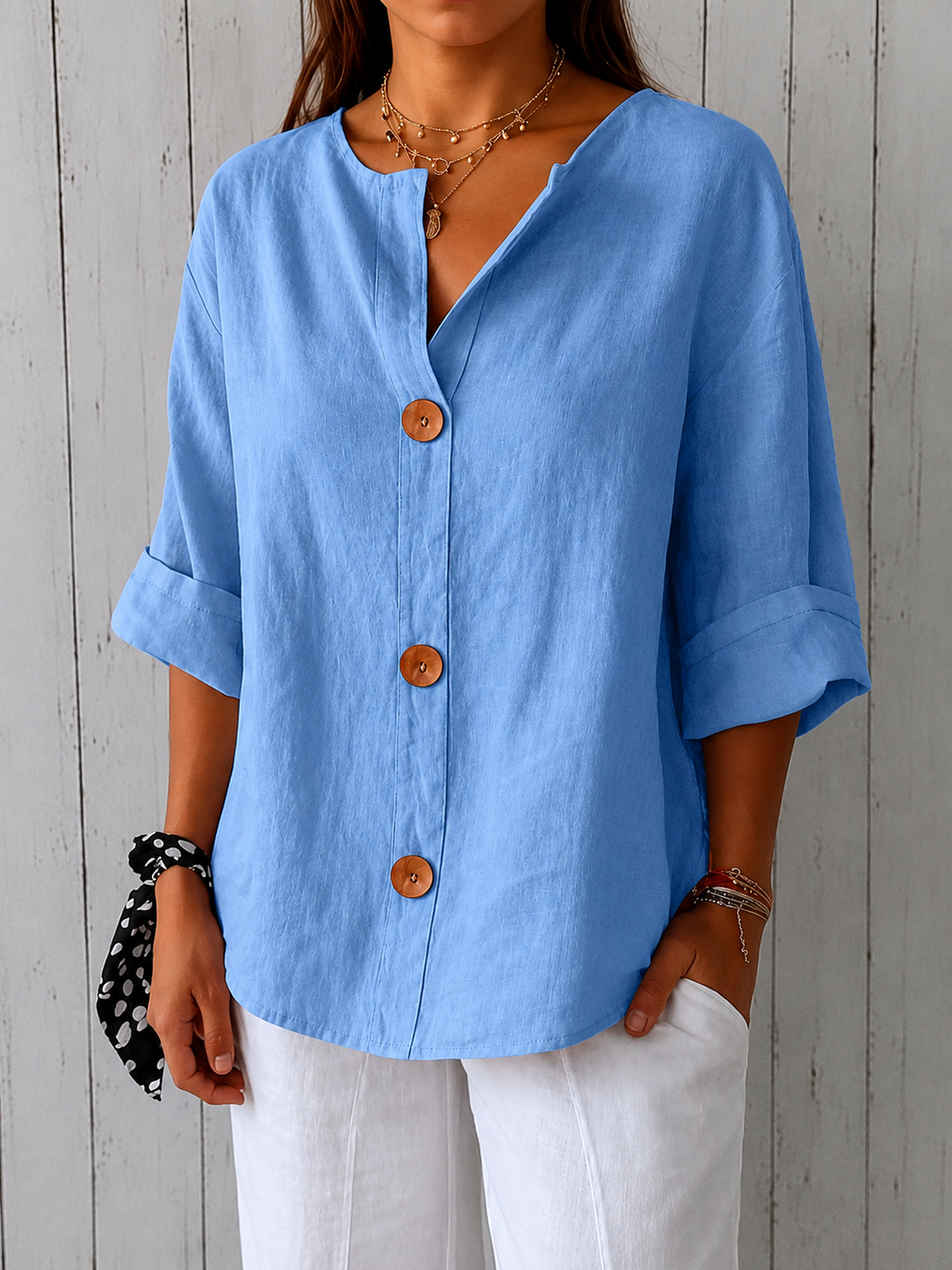 Women's Refined Ruffled Blouse – Flowing Lightweight Design in Blue