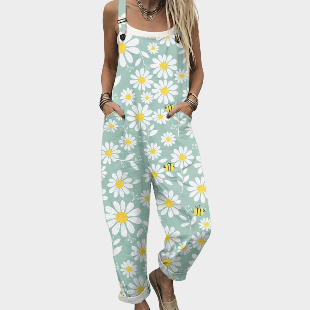 Women's Printed Comfortable Dungarees – Relaxed Casual Design in Light Blue & Floral
