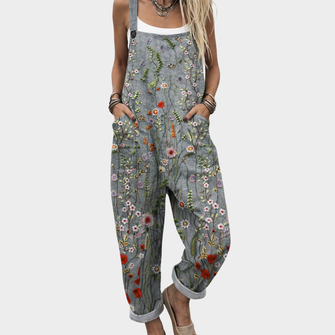 Women's Printed Comfortable Dungarees – Relaxed Casual Design in Grey & Floral