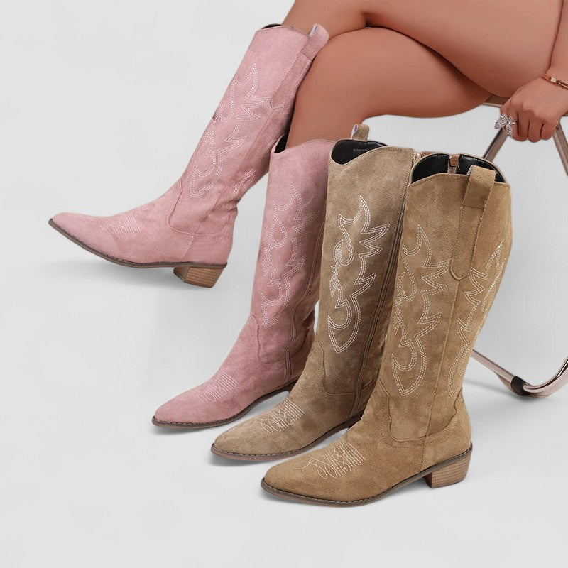 Women's Timeless Denim Boots – Elegant Heeled Finish in Beige