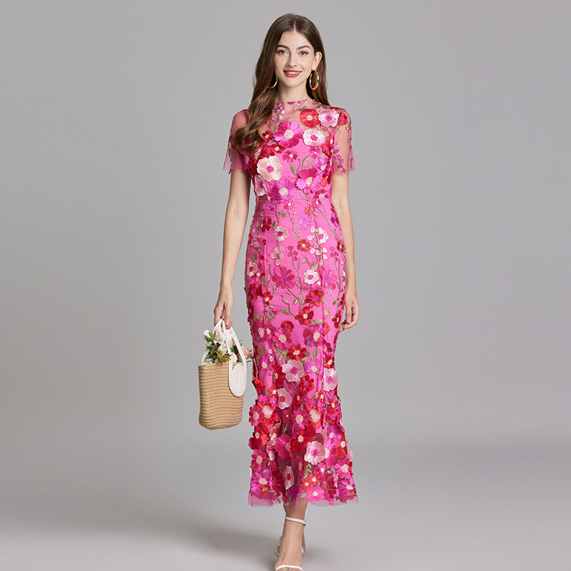 Women’s Floral Midi Dress – 3D Appliqué Wedding Guest Dress
