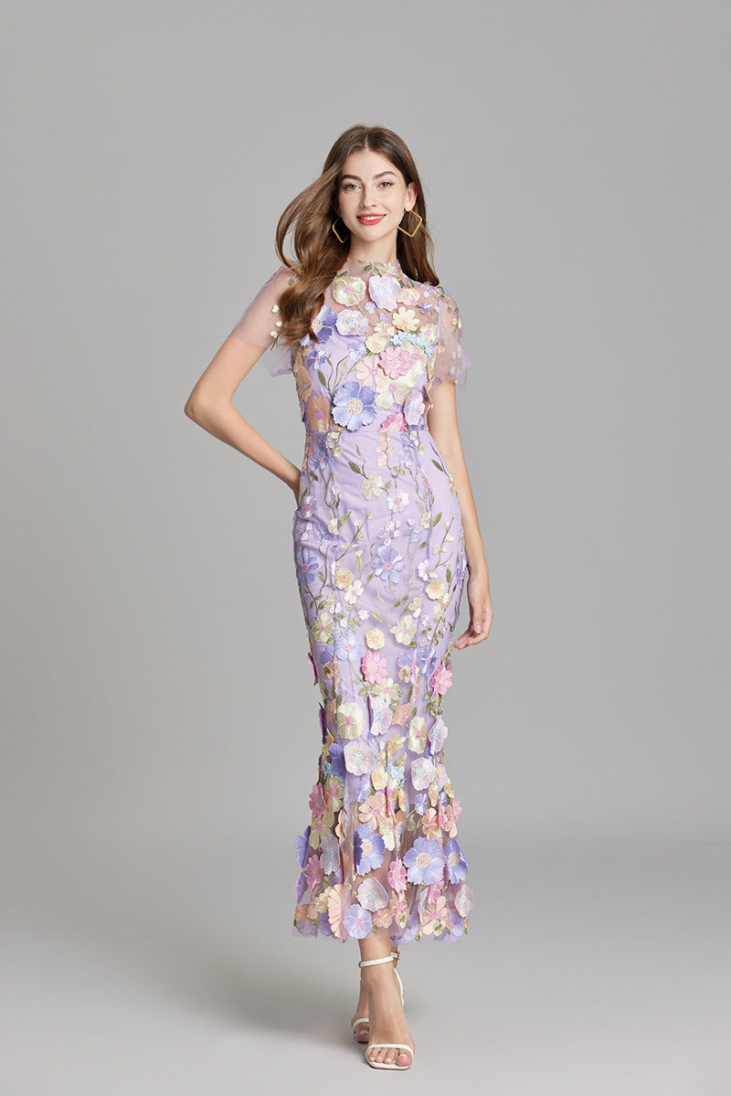 Women’s Floral Midi Dress – 3D Appliqué Wedding Guest Dress