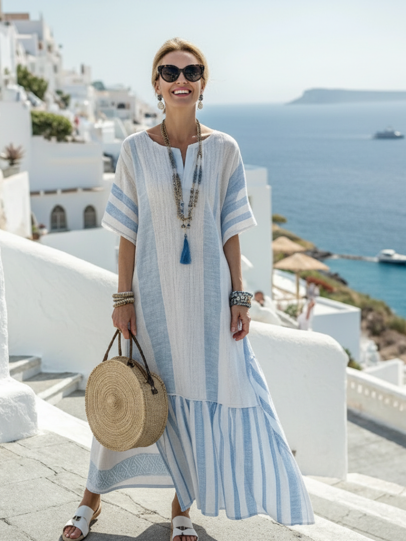 Women's Striped Elegant Maxi Dress – Lightweight Style in Blue & Sky
