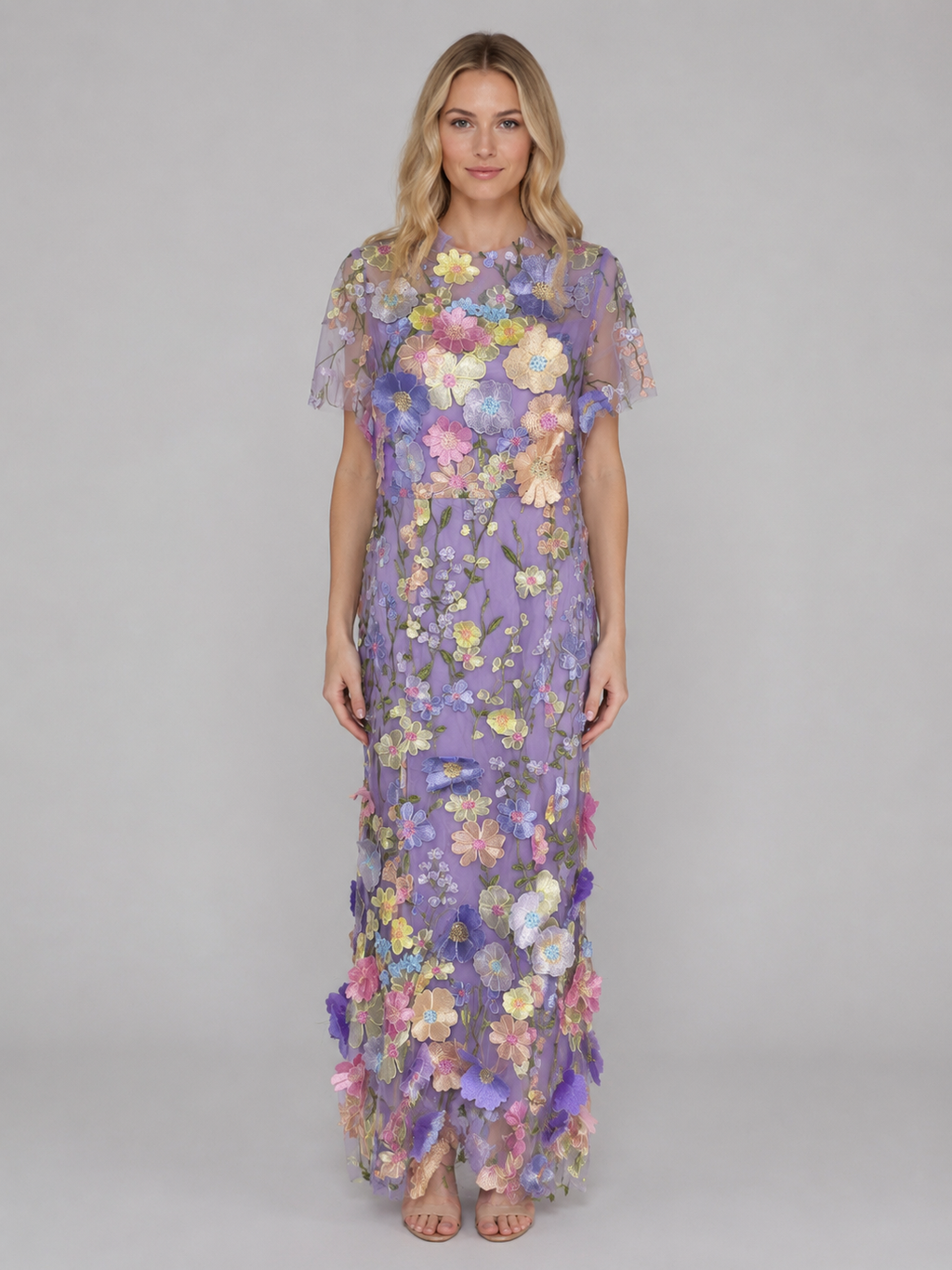 Women's 3D Floral Embroidered Tulle Maxi Dress – Elegant Occasion Gown