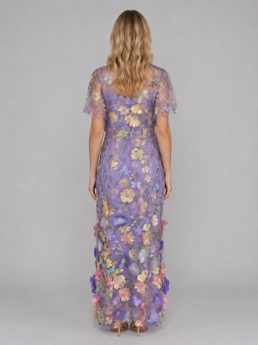 Women's 3D Floral Embroidered Tulle Maxi Dress – Elegant Occasion Gown