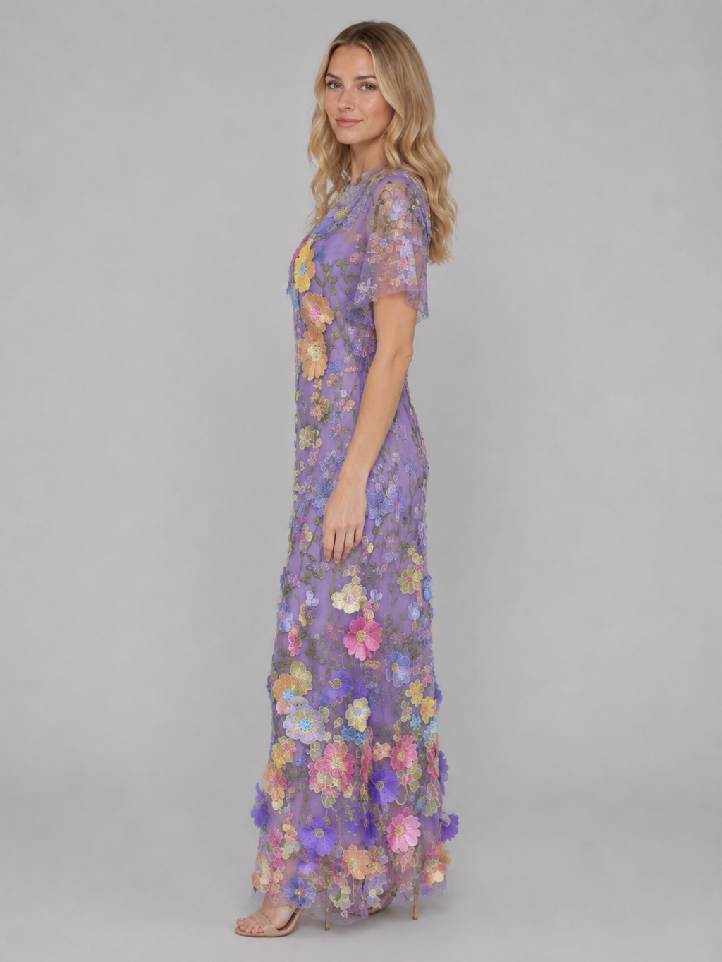 Women's 3D Floral Embroidered Tulle Maxi Dress – Elegant Occasion Gown