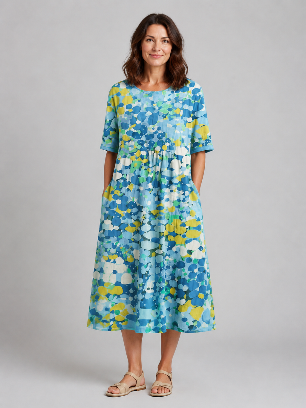 Women's Abstract Print Midi Dress with Pockets – Summer Holiday Style