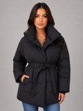 Women’s Belted Puffer Jacket – High Collar Padded Winter Coat