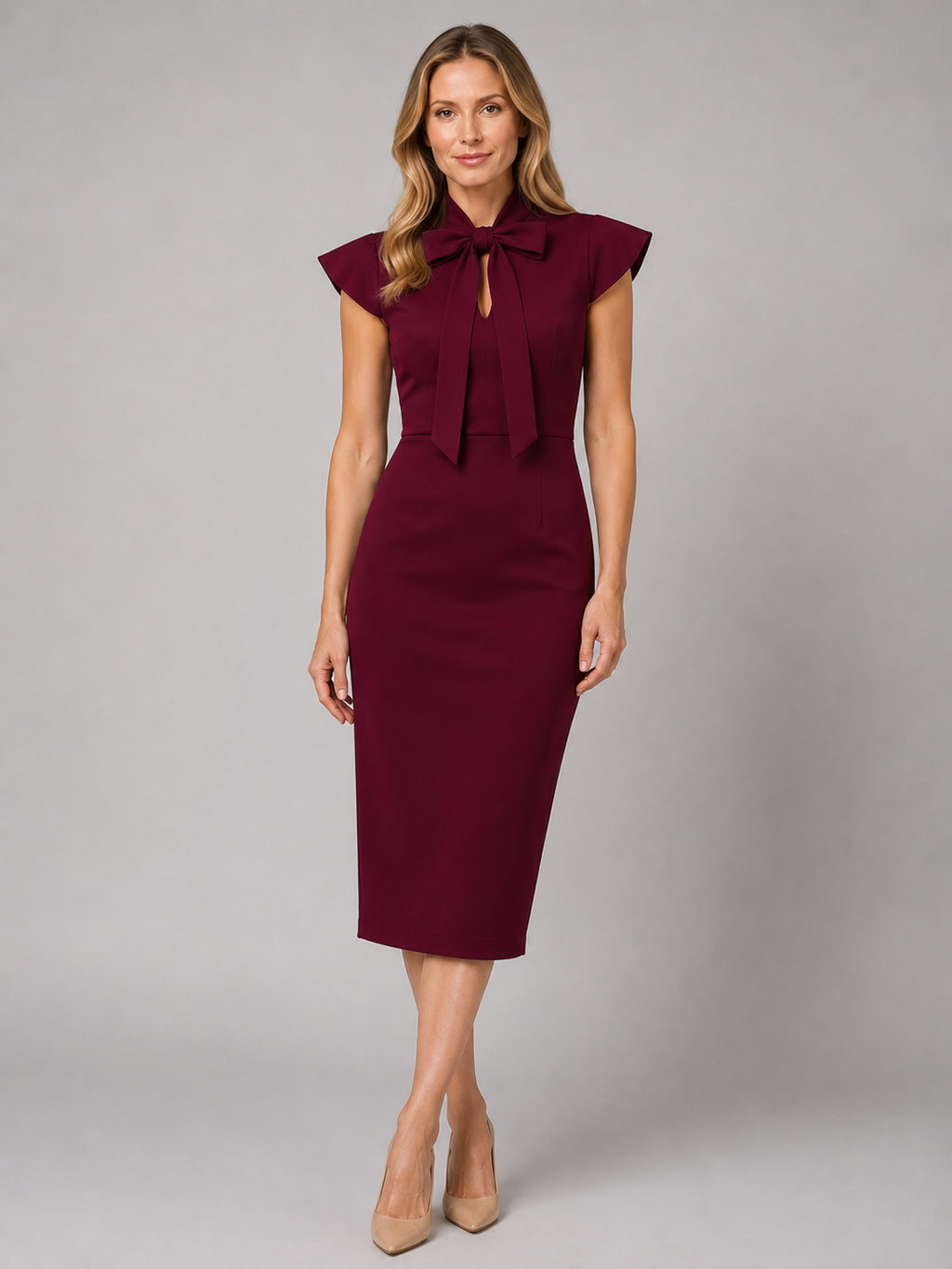Women's Bow Tie Neck Midi Dress – Formal Occasion Wear