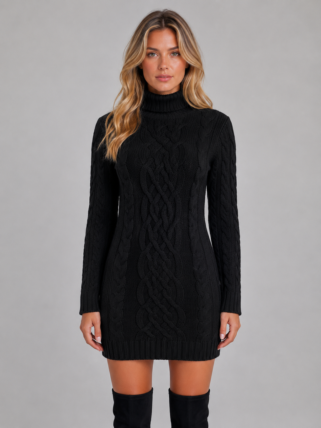 Women's Cable Knit Jumper Dress – Roll Neck Winter Sweater Dress