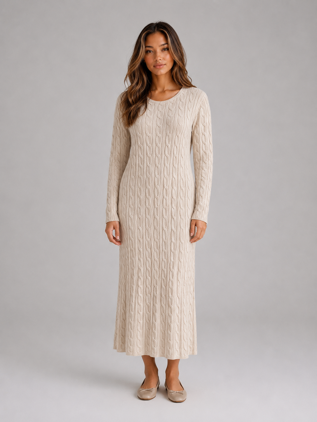 Women's Cable Knit Maxi Dress – Long Sleeve Jumper Dress