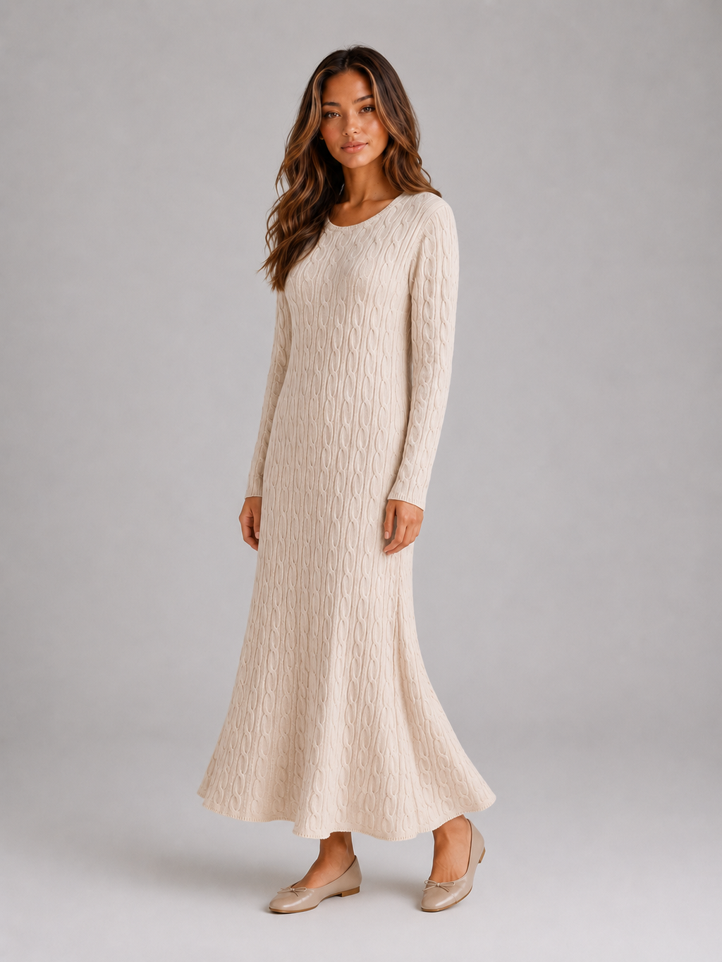 Women's Cable Knit Maxi Dress – Long Sleeve Jumper Dress