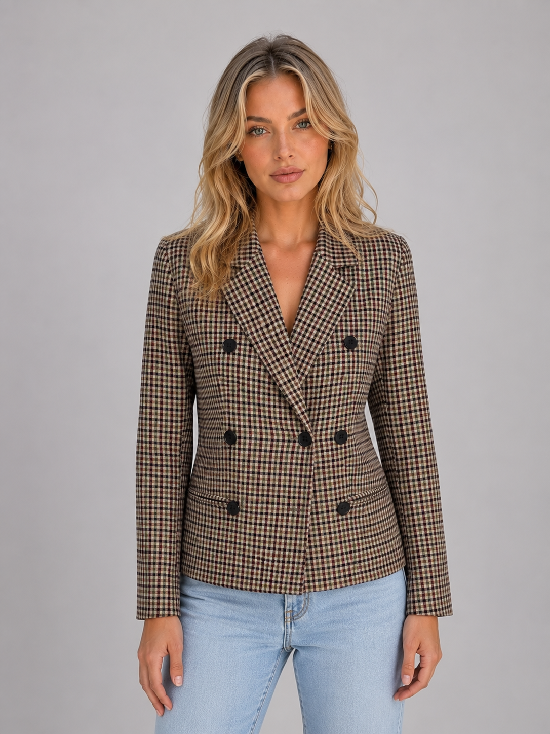 Women's Checked Double Breasted Blazer – Tailored Smart Jacket