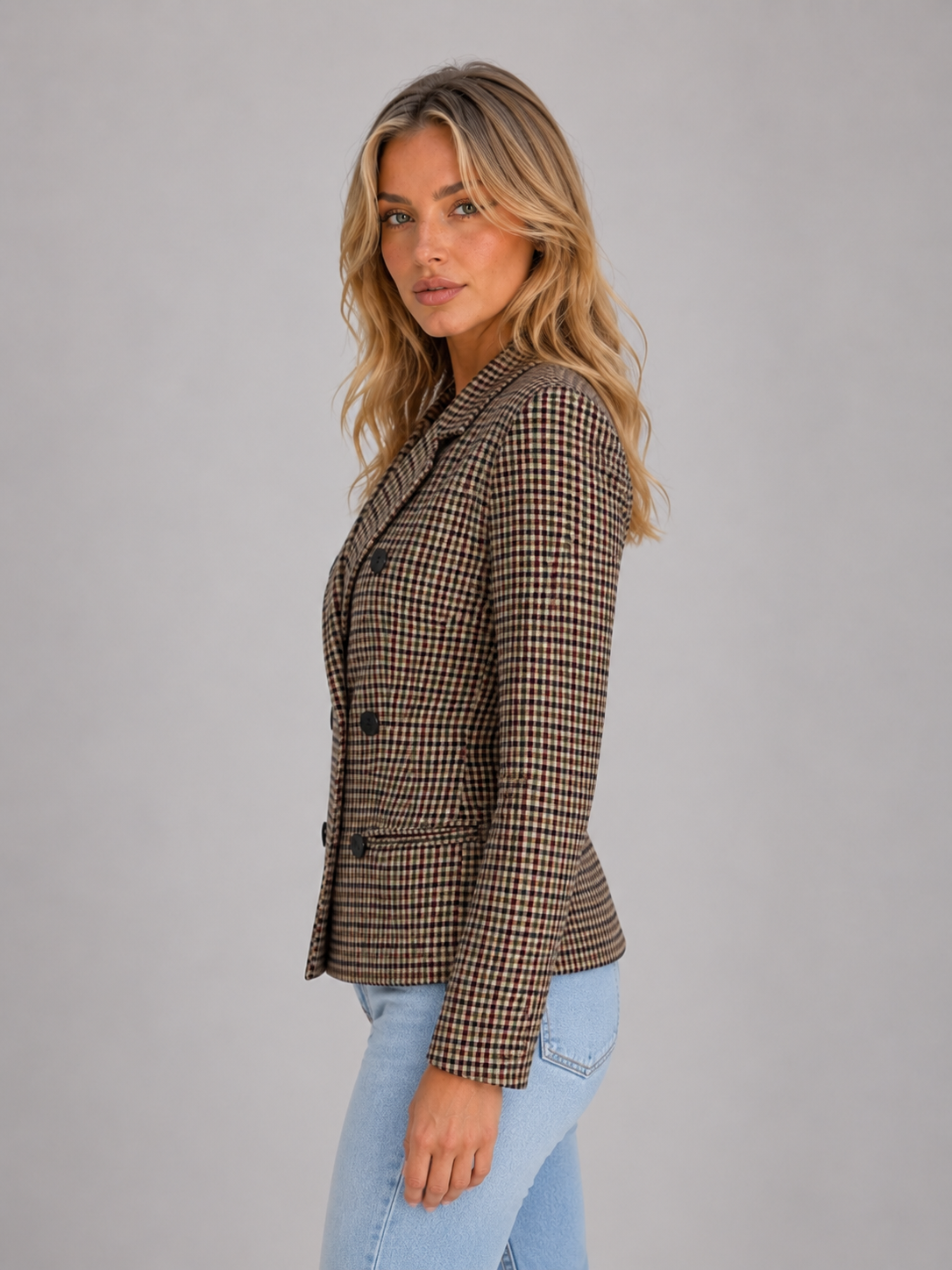 Women's Checked Double Breasted Blazer – Tailored Smart Jacket