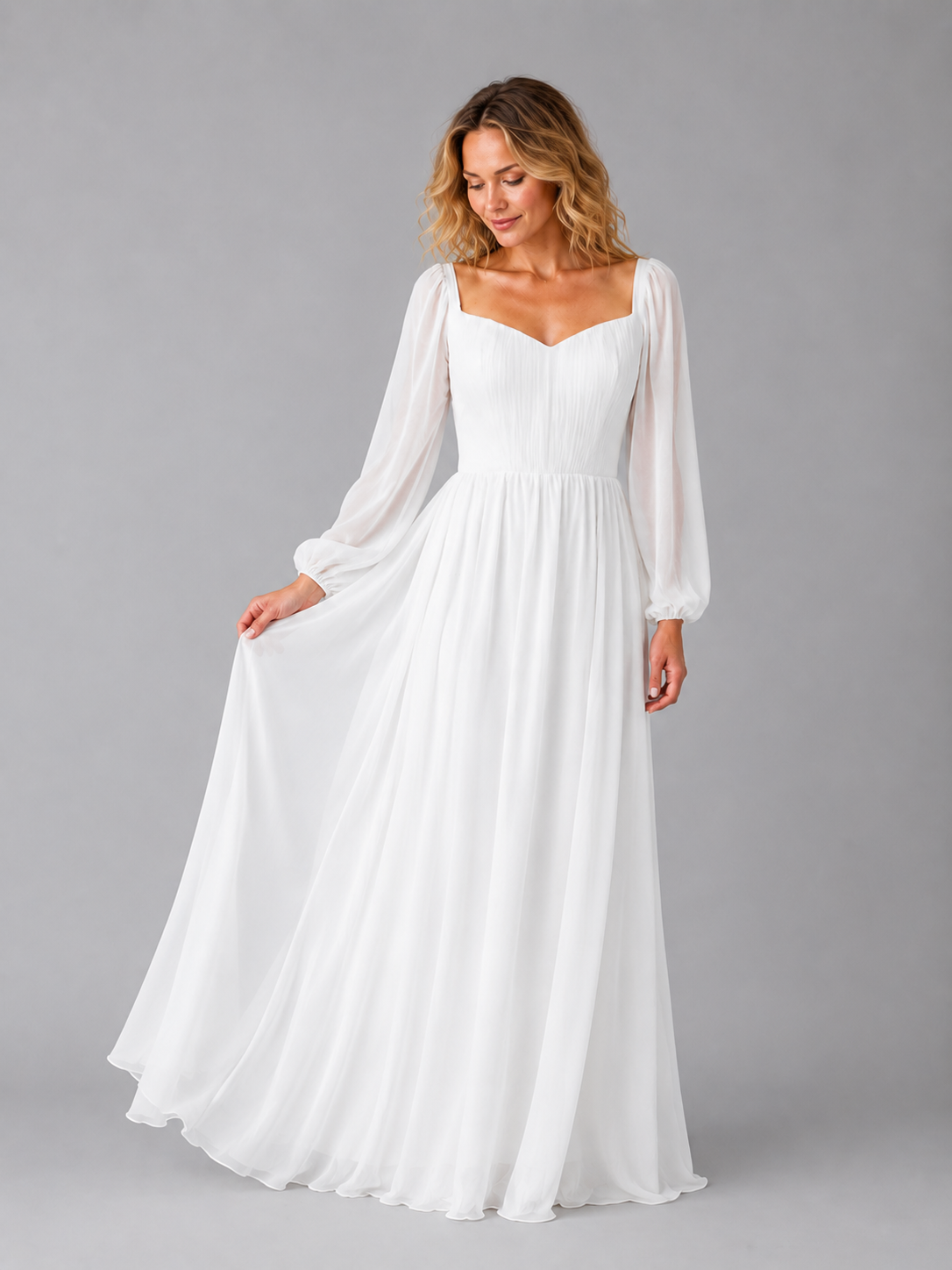Women's Chiffon Long Sleeve Maxi Dress – Flowing Silhouette