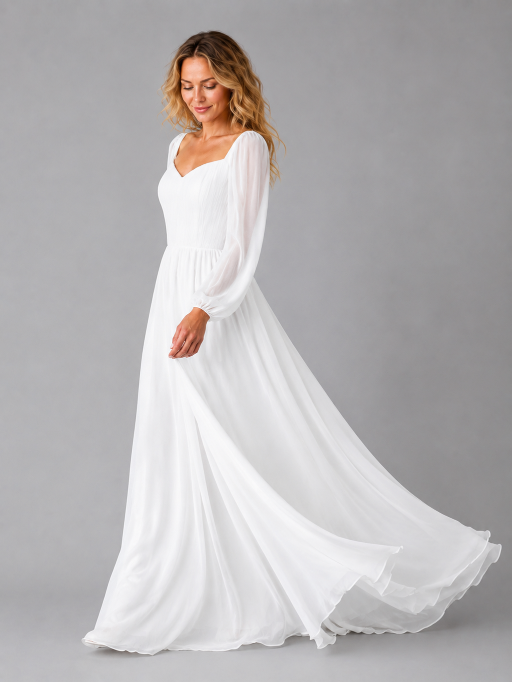 Women's Chiffon Long Sleeve Maxi Dress – Flowing Silhouette