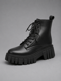 Women’s Chunky Leather Look Combat Boots – Lace-Up Platform Ankle Boots
