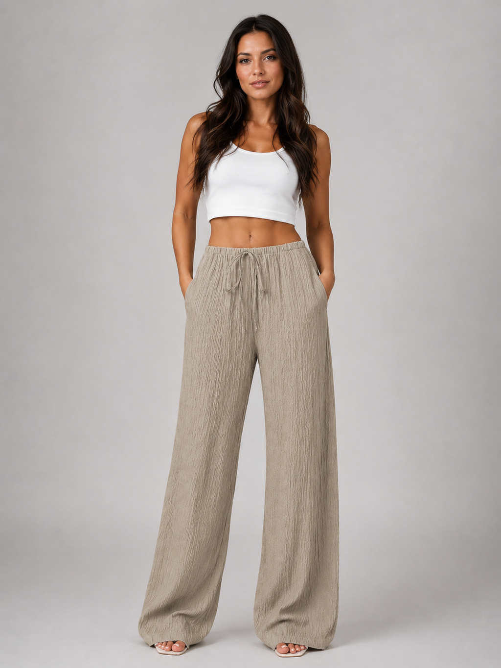 Women's Crinkle Wide Leg Trousers – Drawstring Waist
