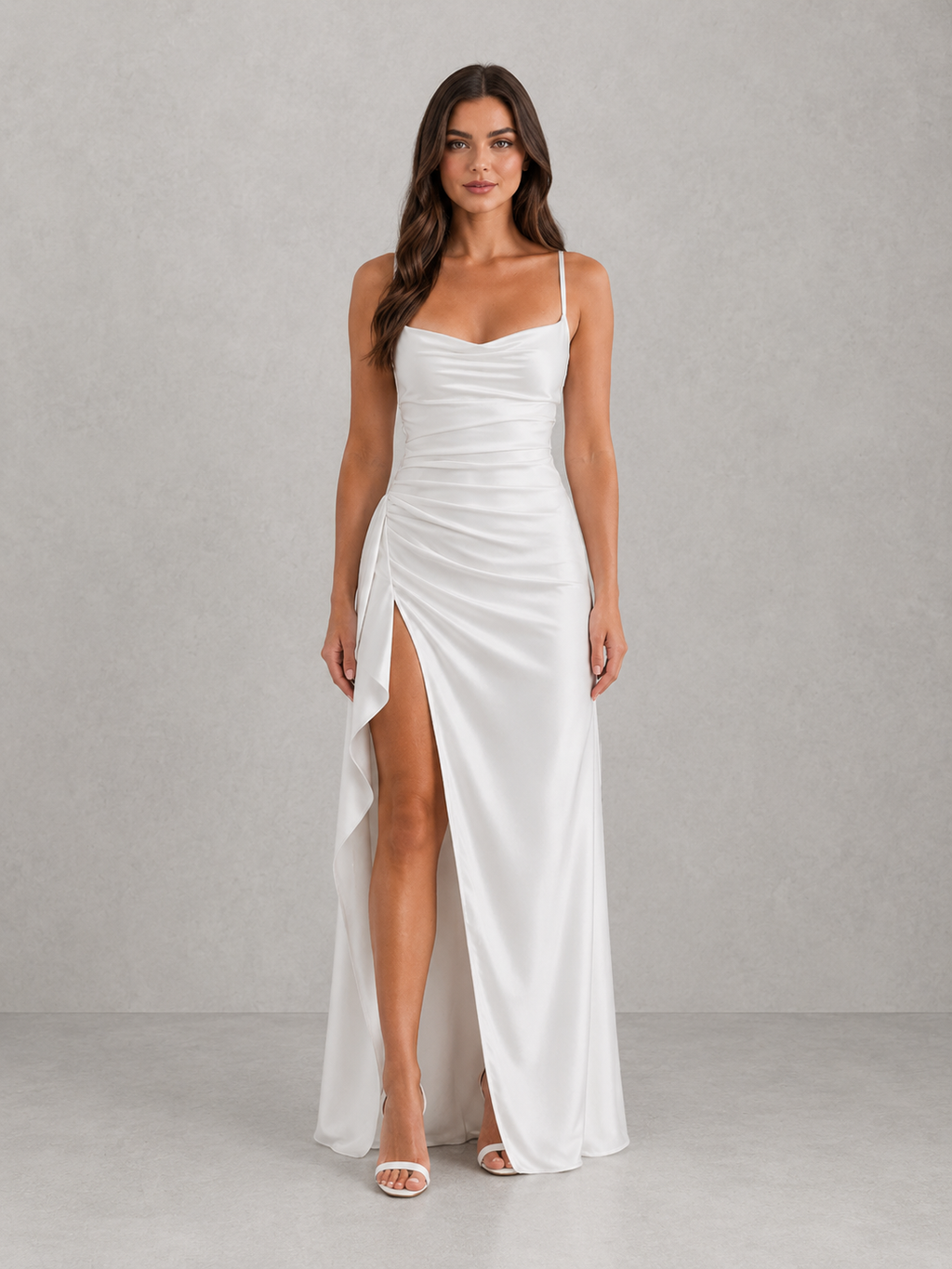 Women's Draped Satin Feel Maxi Dress – Ruched Waist Evening Gown