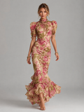 Women’s Floral Chiffon Maxi Dress – Puff Sleeve Fishtail Gown