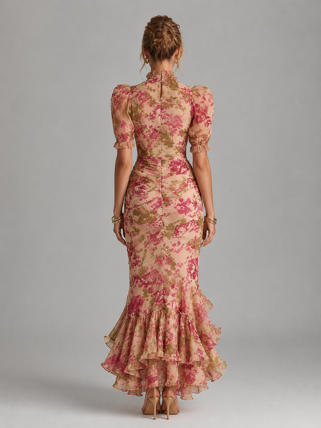 Women’s Floral Chiffon Maxi Dress – Puff Sleeve Fishtail Gown