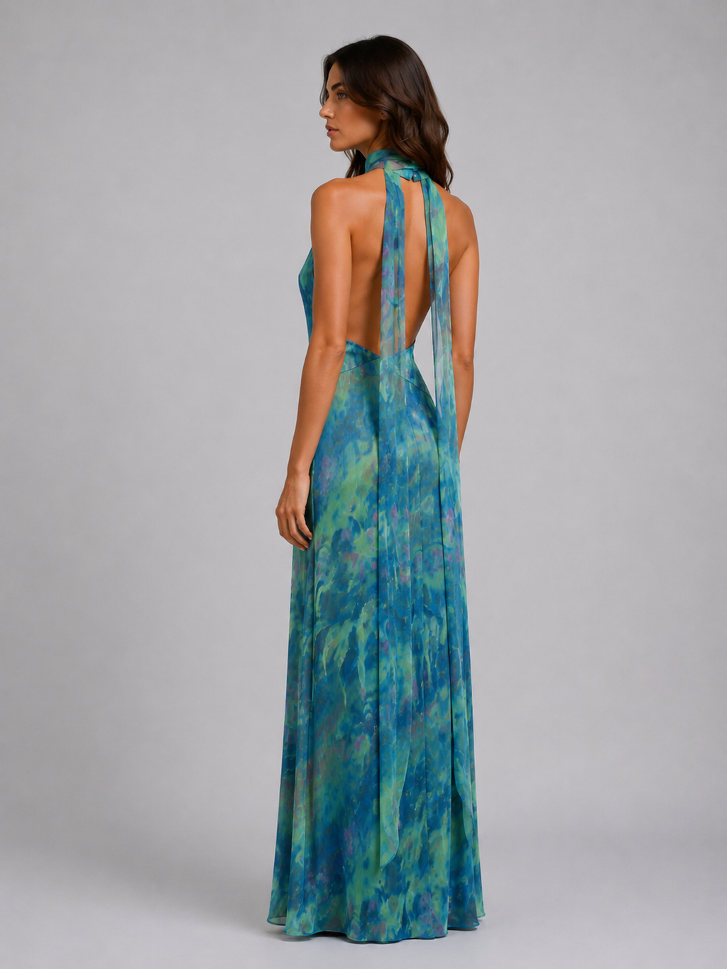 Women's Floral Chiffon Maxi Dress – Scarf Neck Halter Design