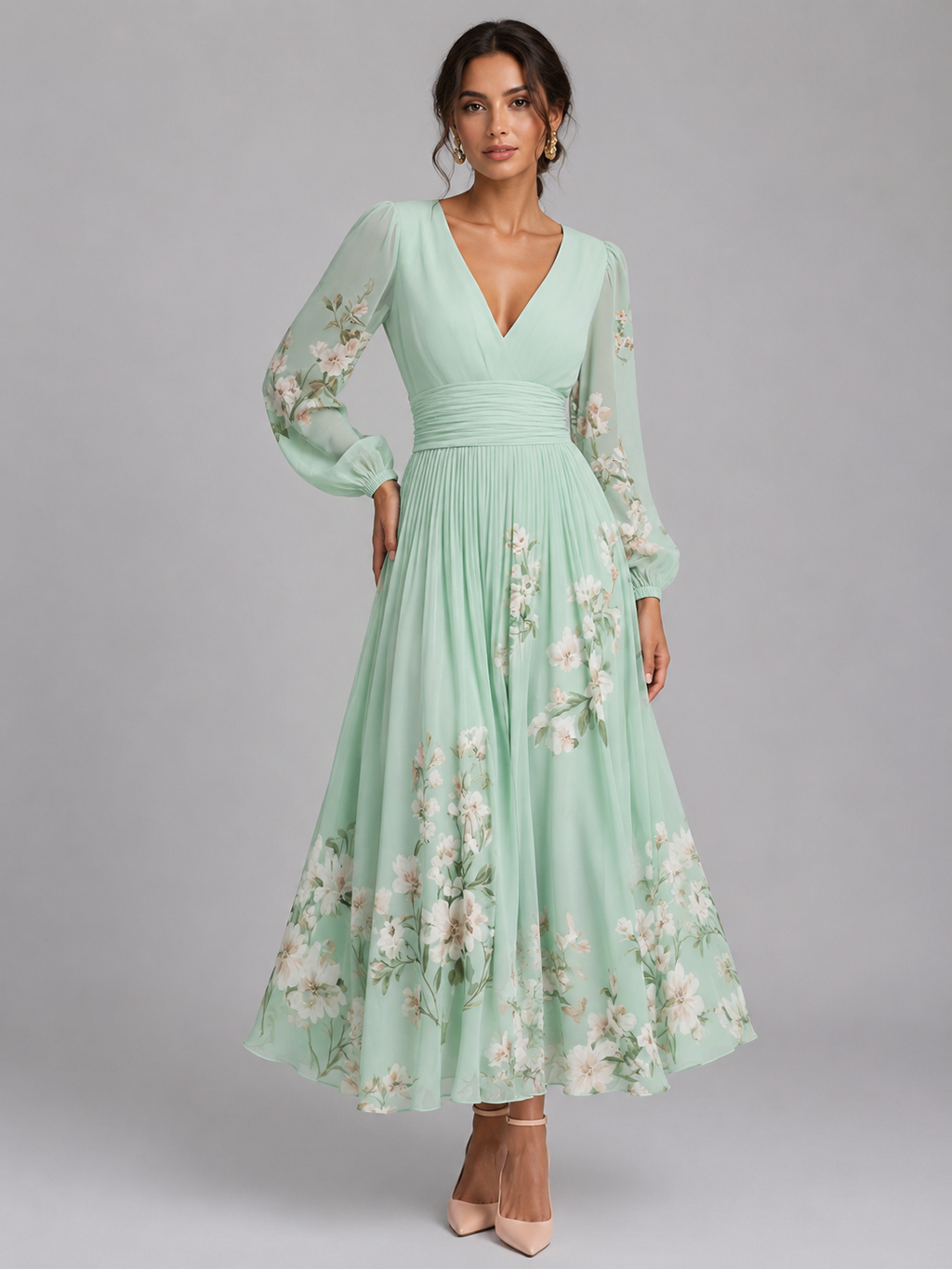 Women’s Floral Chiffon V-Neck Midi Dress – Flowing A-Line Fit