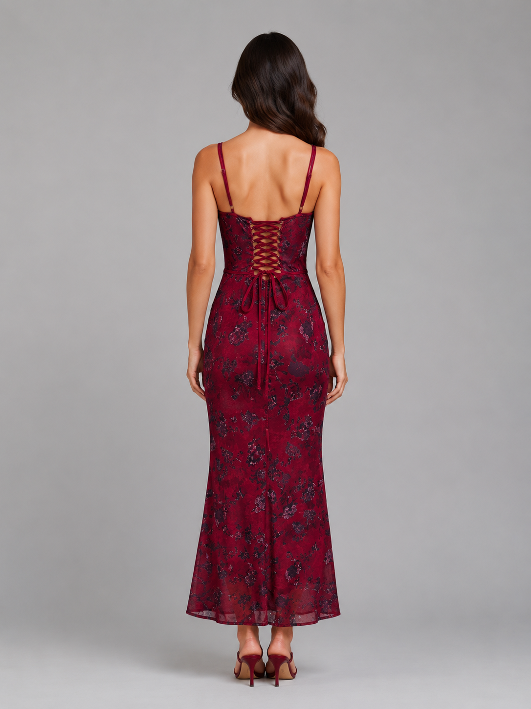 Women's Floral Corset Maxi Dress – Lace-Up Back Gown