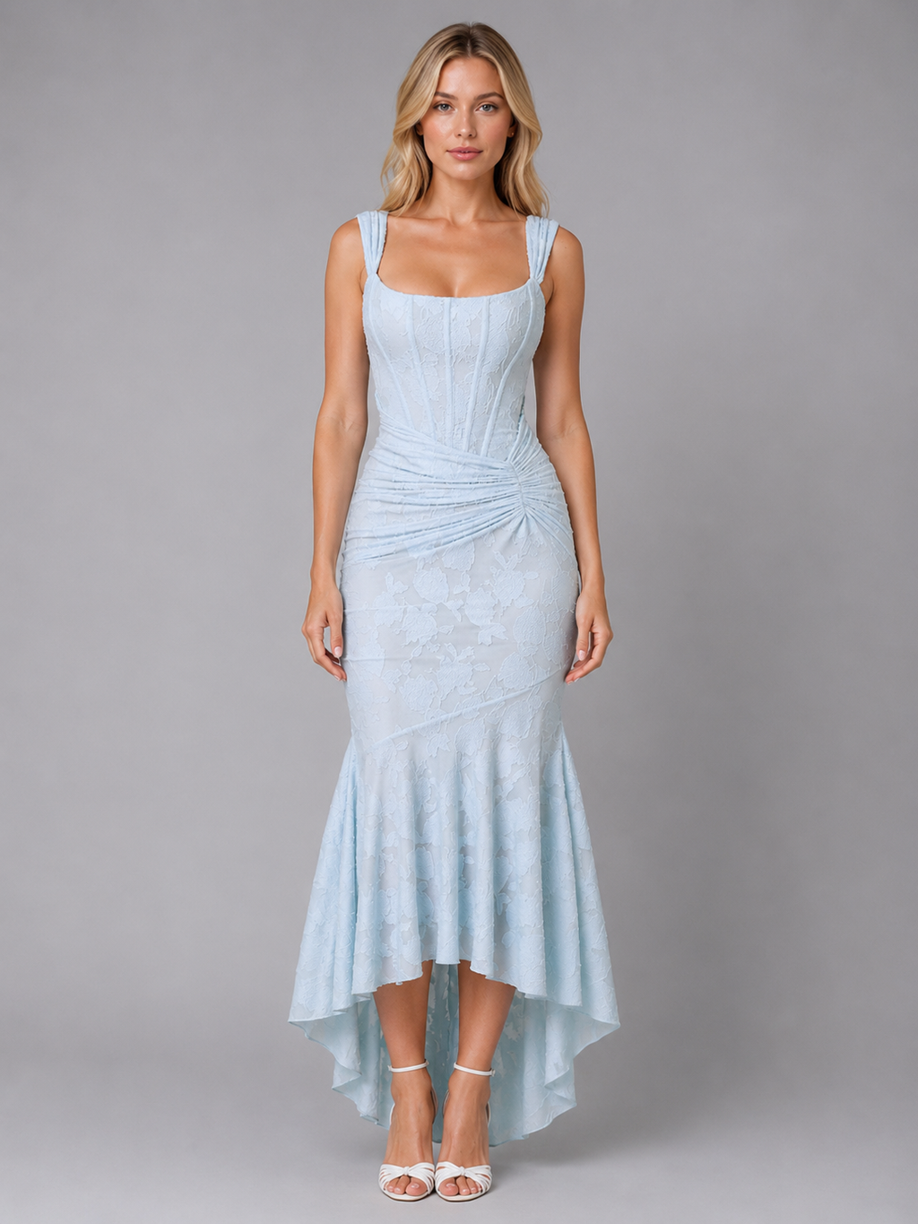 Women’s Ruched Lace Midi Dress – Sculpted Bodycon Fit