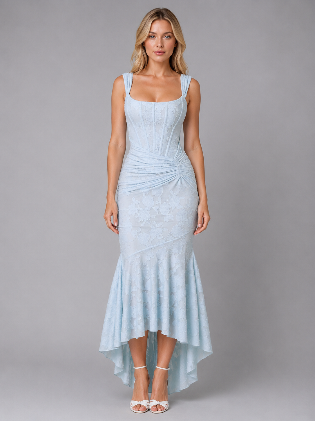 Women’s Ruched Lace Midi Dress – Sculpted Bodycon Fit