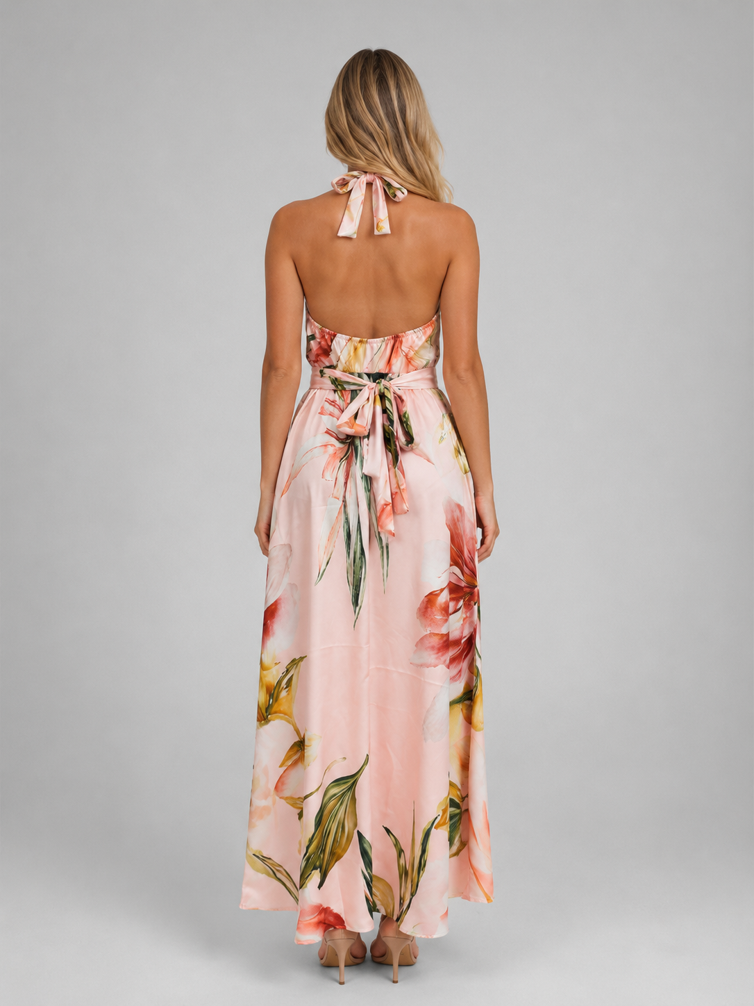 Women's Floral Halter Maxi Dress – Tie Waist Summer Occasion Style