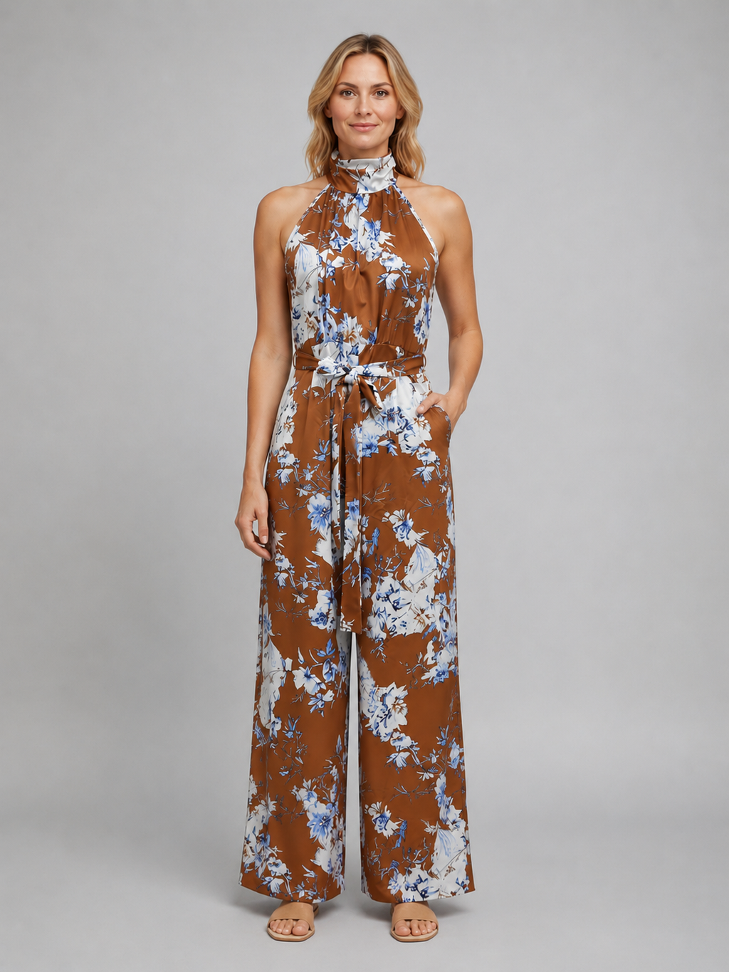 Women's Floral Halter Neck Wide Leg Jumpsuit – Tie Waist Style