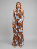Women's Floral Halter Neck Wide Leg Jumpsuit – Tie Waist Style
