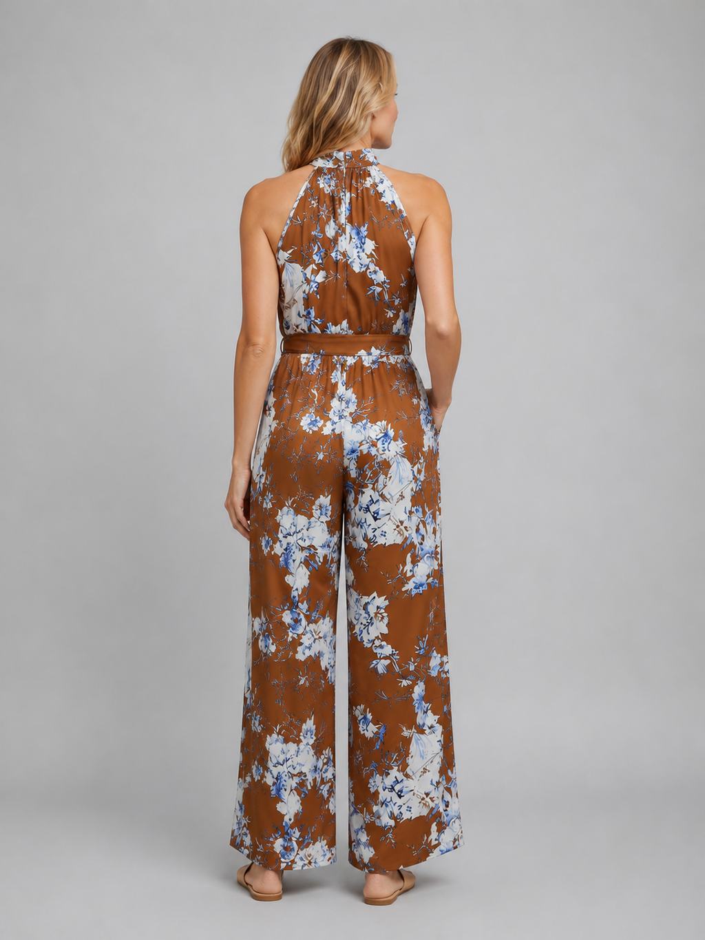 Women's Floral Halter Neck Wide Leg Jumpsuit – Tie Waist Style