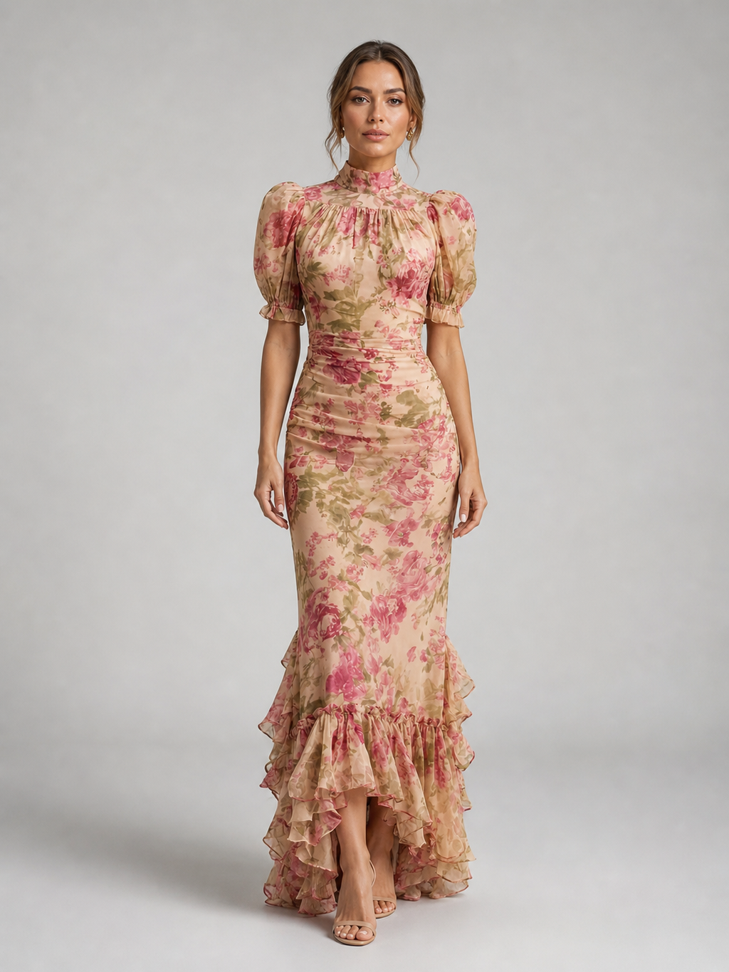Women’s Floral High Neck Ruffle Maxi Dress – Flowy Printed Silhouette