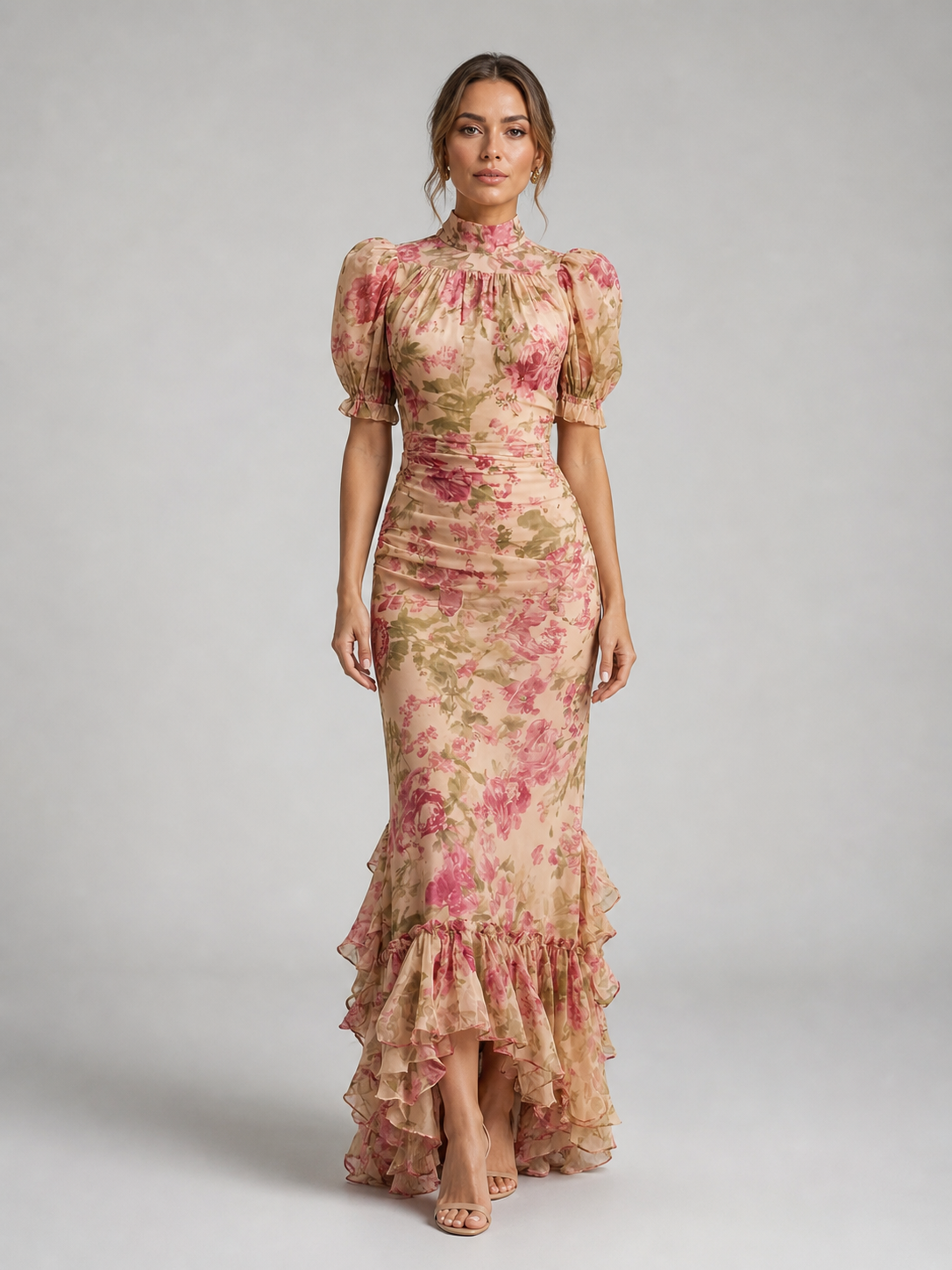 Women’s Floral High Neck Ruffle Maxi Dress – Flowy Printed Silhouette