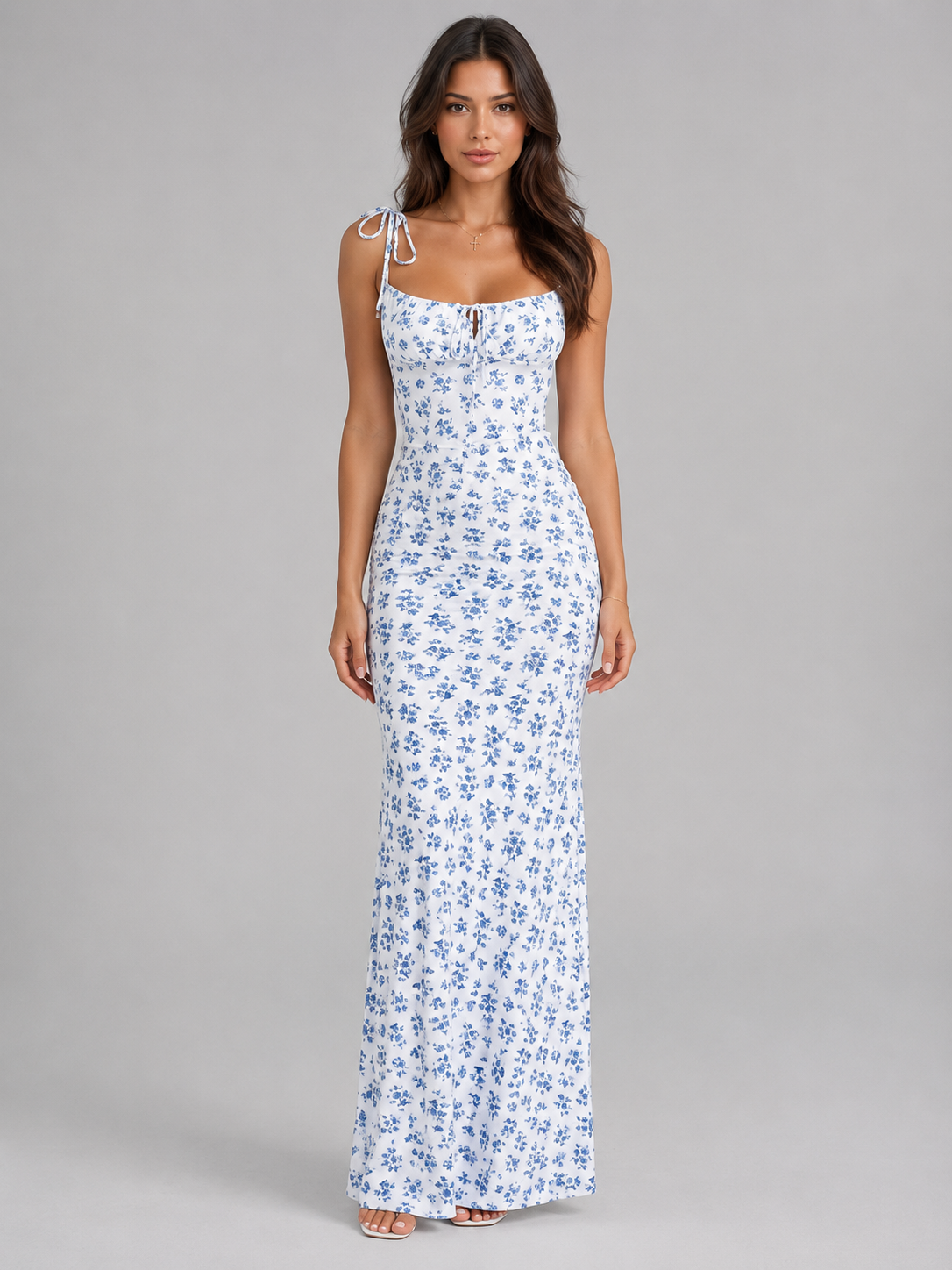 Women’s Floral Lace-Up Maxi Dress – Figure-Hugging Summer Fit